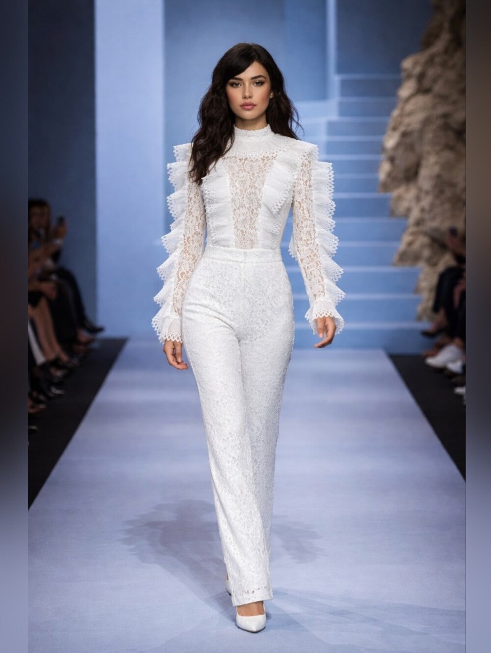 The Sang White Lace Bodysuit with Ruffle Detail